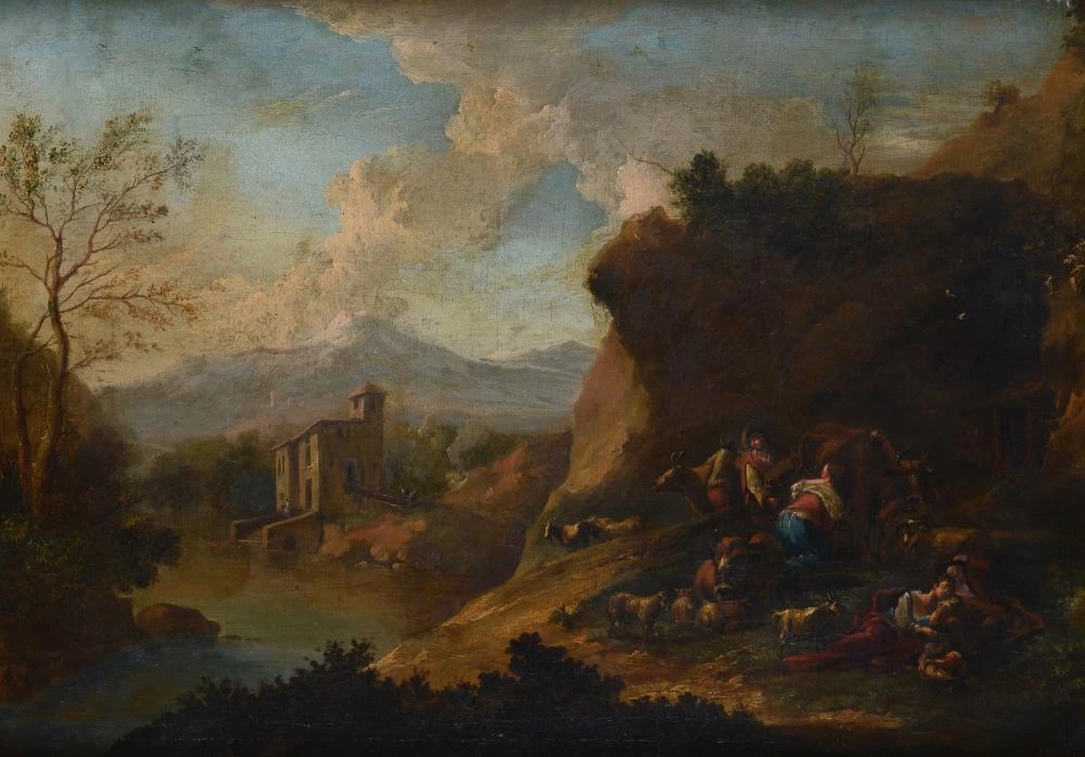 Paesaggio con contadini e armenti - attribuito